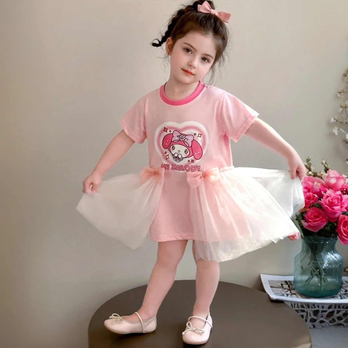Girls Pink Printed Round Neck T-shirt Dress with Bow Detail Casual Dresses Pink 1-2 Y