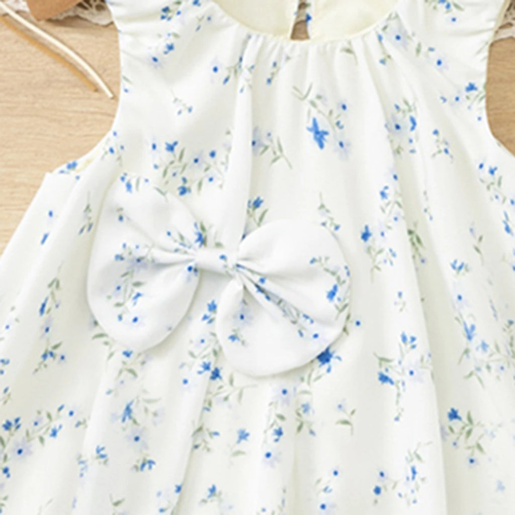 Girls White Floral Sleeveless A-line Dress With Bow Details Casual Dresses