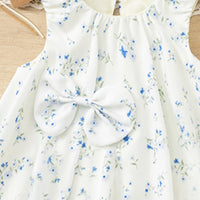 Girls White Floral Sleeveless A-line Dress With Bow Details Casual Dresses