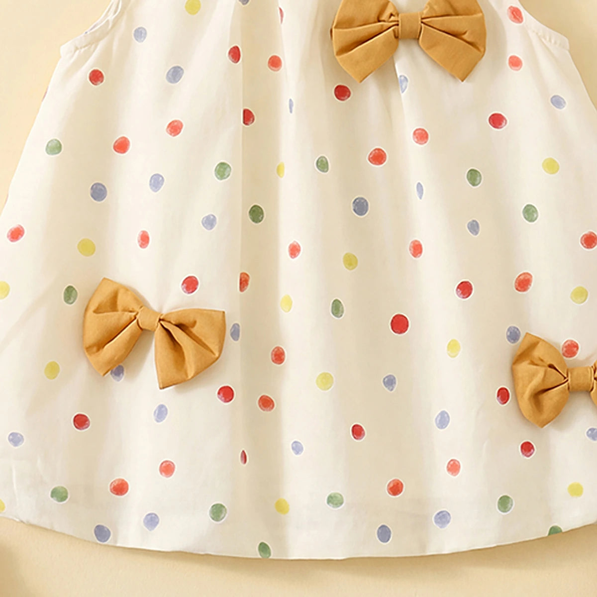 Girls Yellow Polka Dot Print Bow Applique A-Line Dress Casual Dresses