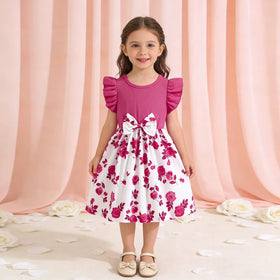 Girls Magenta Floral Printed Fit & Flare Dress With Flutter Sleeves Casual Dresses