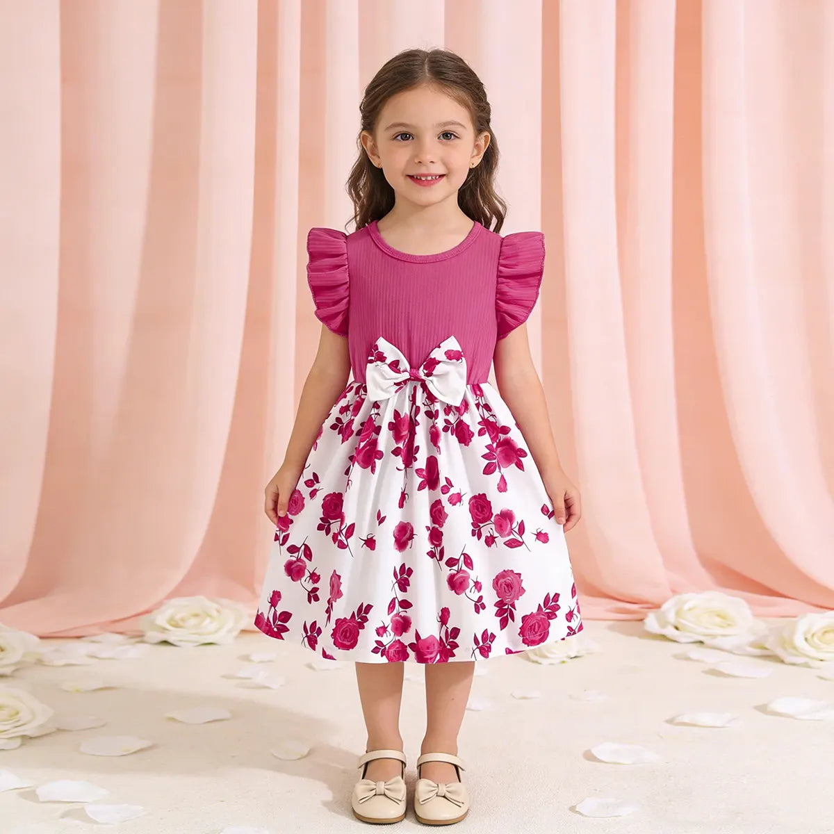 Girls Magenta Floral Printed Fit & Flare Dress With Flutter Sleeves Casual Dresses