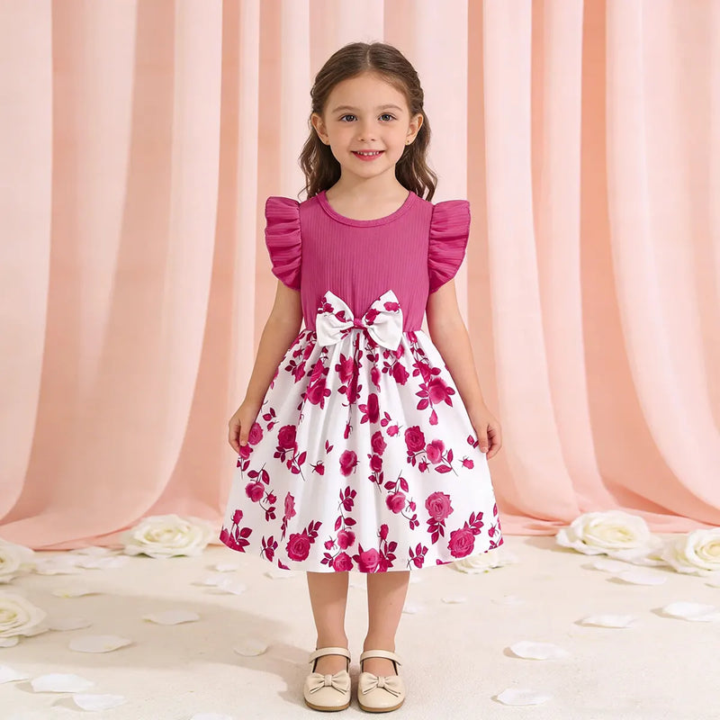 Girls Magenta Floral Printed Fit & Flare Dress With Flutter Sleeves Casual Dresses