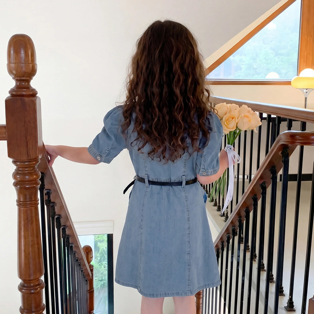Girls Blue Puff Sleeve Denim Shirt Dress Casual Dresses