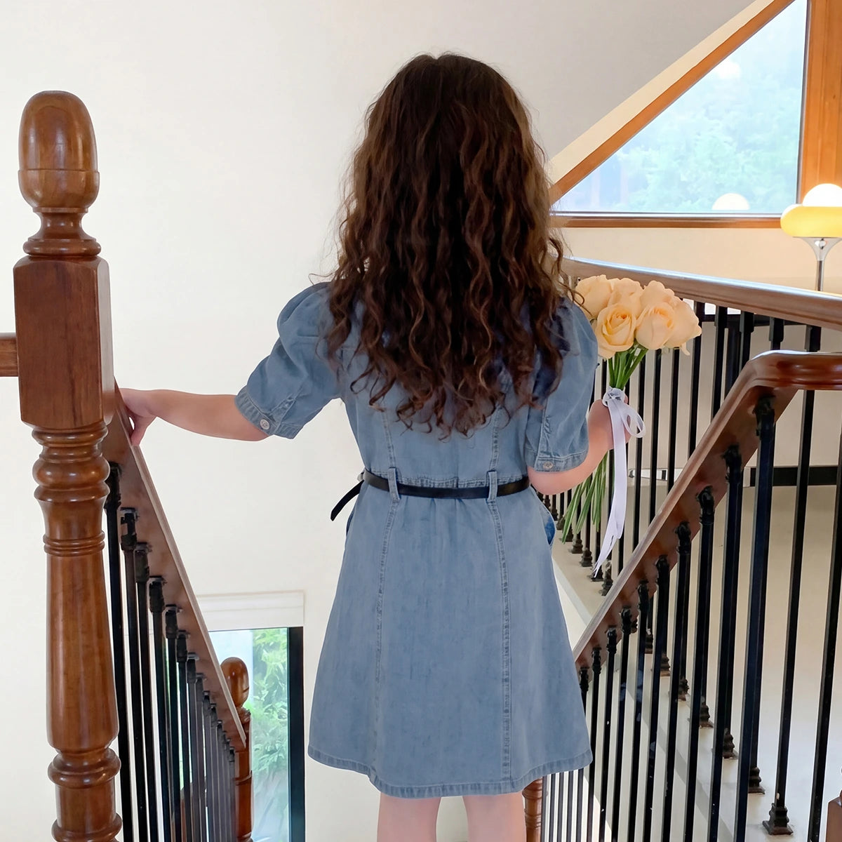Girls Blue Puff Sleeve Denim Shirt Dress Casual Dresses