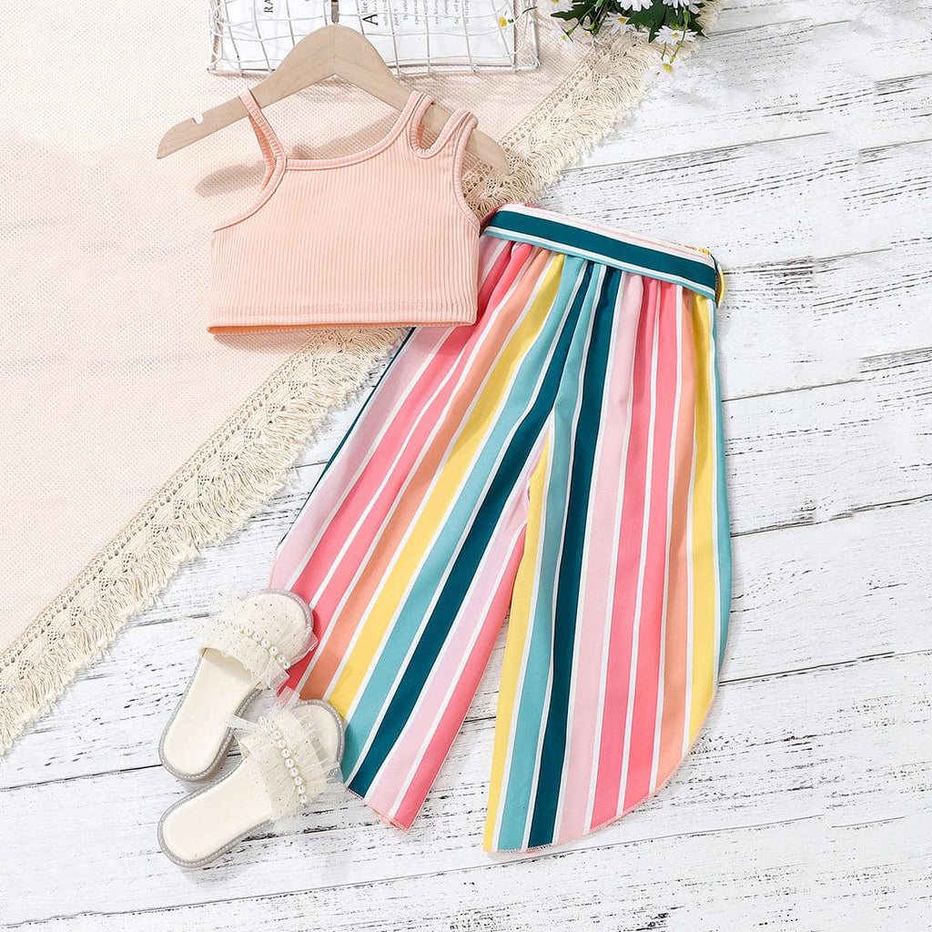 Girls Crop Top With Striped Pants Set