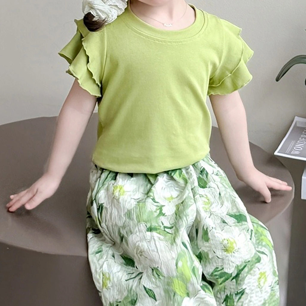 Girls Light Green Ruffled Sleeve Top with White Floral Pants Set Sets