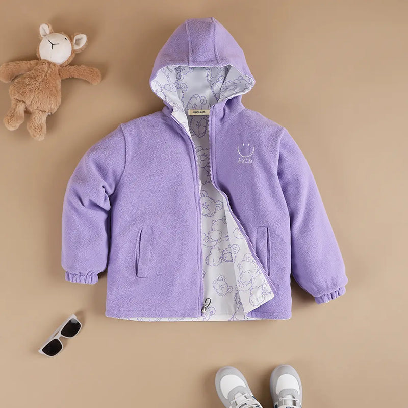 Girls Purple Bear Printed Reversible Hooded Zipper Jacket Coats & Jackets