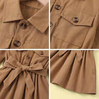 Girls Khaki Long Sleeves Shirt Dress Casual Dresses