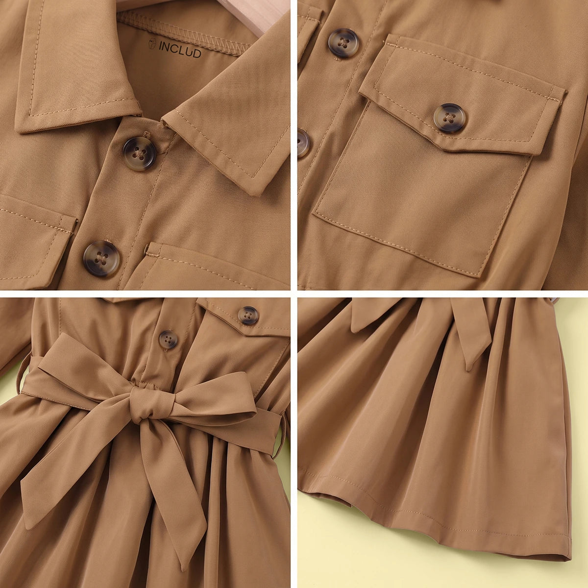 Girls Khaki Long Sleeves Shirt Dress Casual Dresses