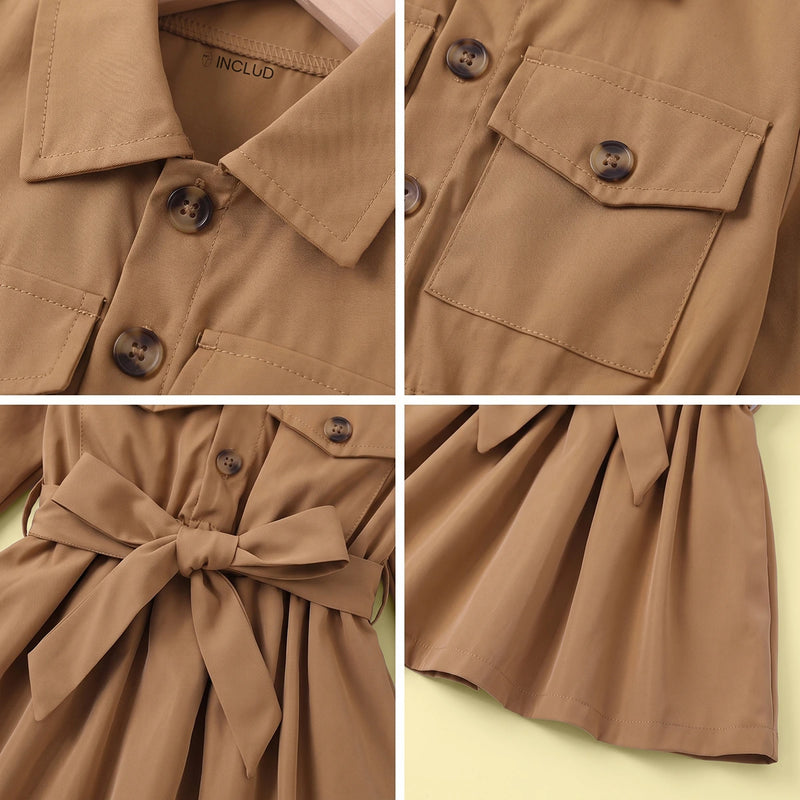 Girls Khaki Long Sleeves Shirt Dress Casual Dresses