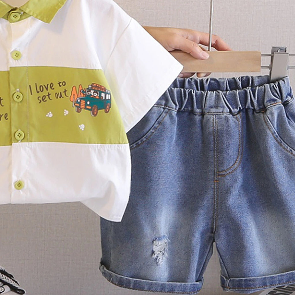 Boys Green Car Graphic Short Sleeve Shirt With Shorts Sets 2 pc. Sets