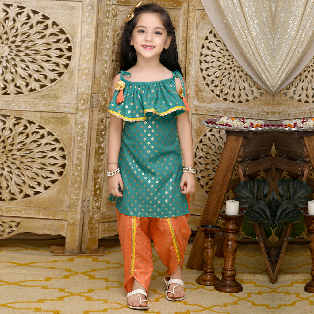 Girls Printed Cotton Blend Kurta Set Ethnicwear Girls Teal 1-2 Y 