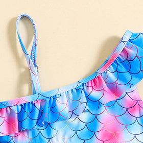 Girls Blue Abstract Printed One Shoulder top With Briefs Swimwear Sets Sets