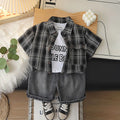 Boys Black Checked Shirt With Printed T-Shirt And Denim Shorts Sets 3 pc. Sets Black 1-2 Y