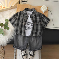 Boys Black Checked Shirt With Printed T-Shirt And Denim Shorts Sets 3 pc. Sets Black 1-2 Y