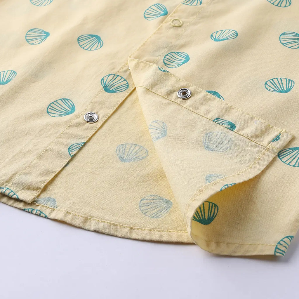 Boys Yellow Seashell Printed Short Sleeve Shirt With Printed Elasticated Shorts Set Sets