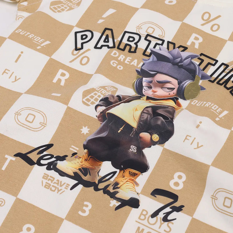 Boys Light Brown Check Graphic T-Shirt With Elasticated Shorts Sets Sets