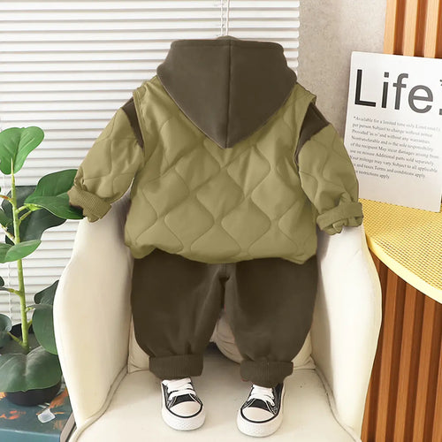 Boys Green Self-Design Sleeveless Jacket With Sweatshirt & Pants Sets 3 pc. Sets