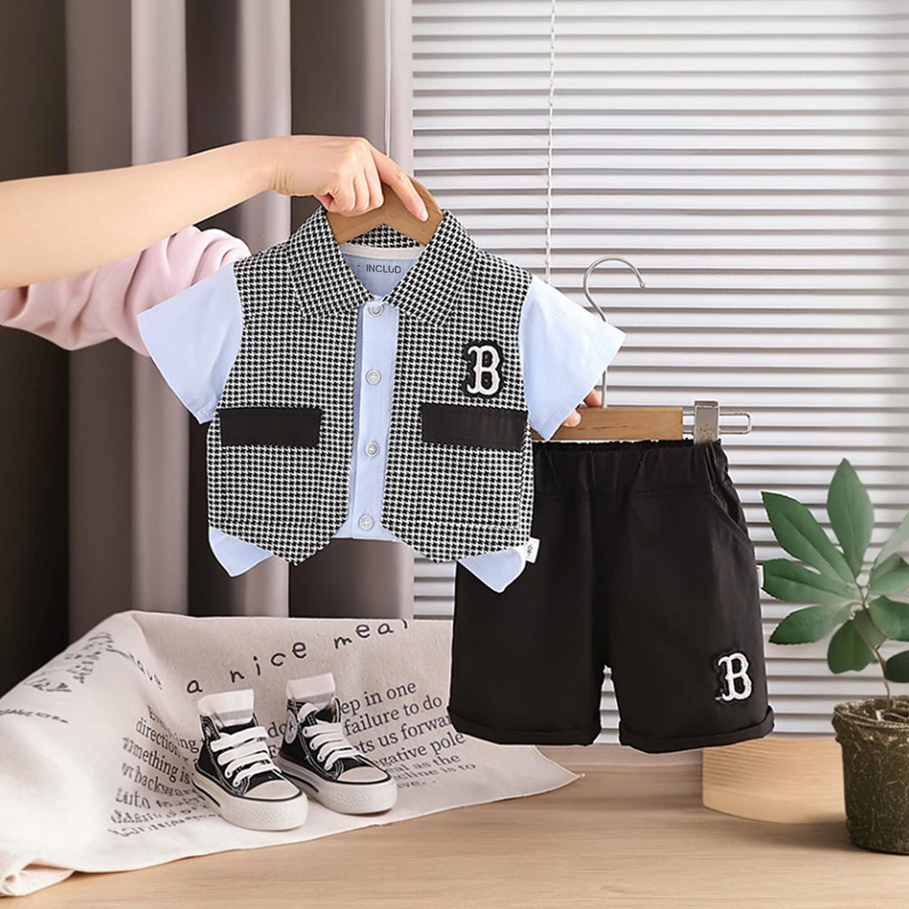 Boys Blue Houndstooth Fake waistcoat Shirt With Shorts Sets Sets Blue 1-2 Y