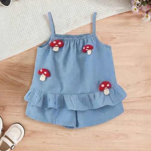 Girls Blue Mushroom Applique Peplum Top With Shorts Set Sets Blue 1-2 Y