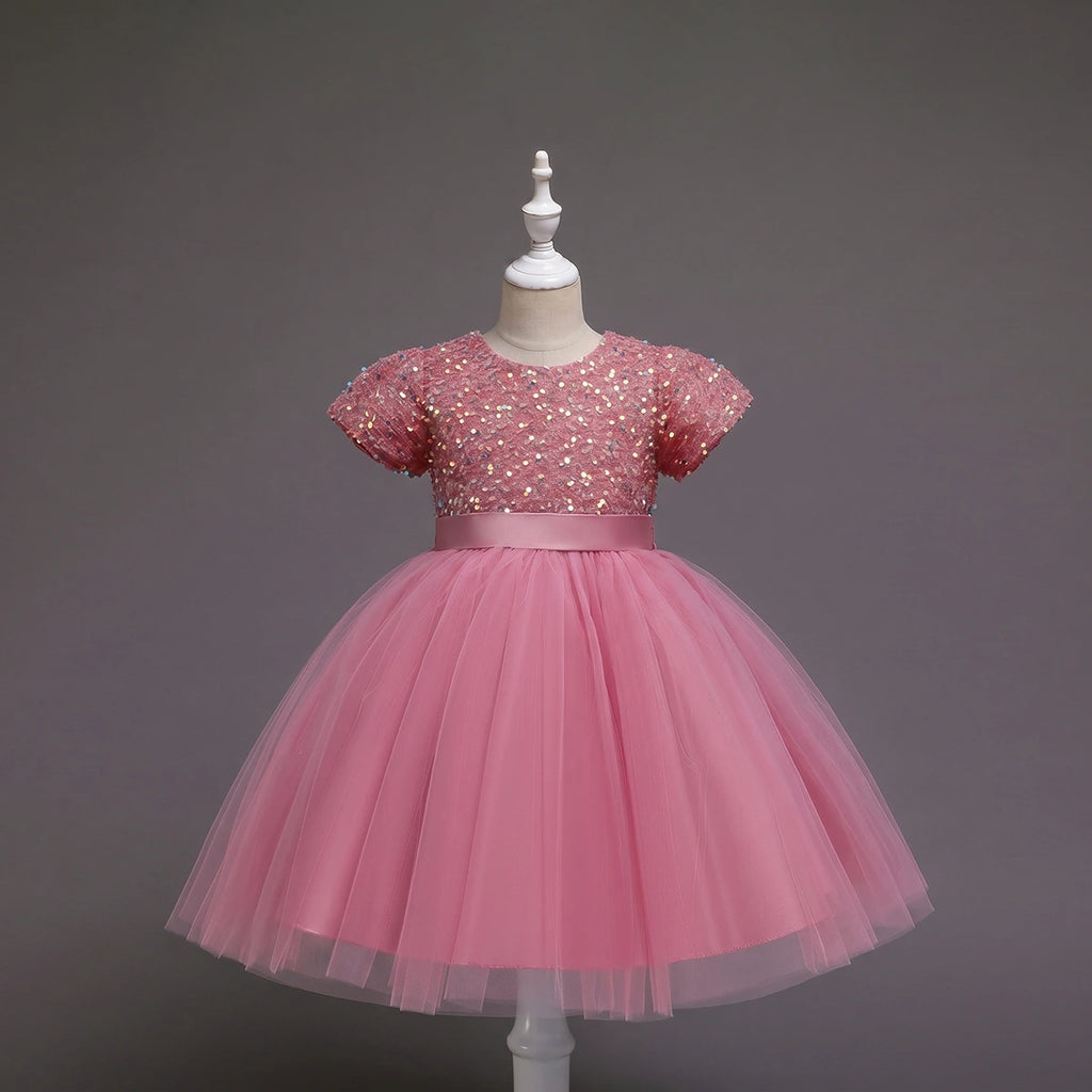 Girls Pink Puff Sleeve Sequins Embellished Fit & Flare Party Wear Dress Party Dresses Pink 2-3 Y