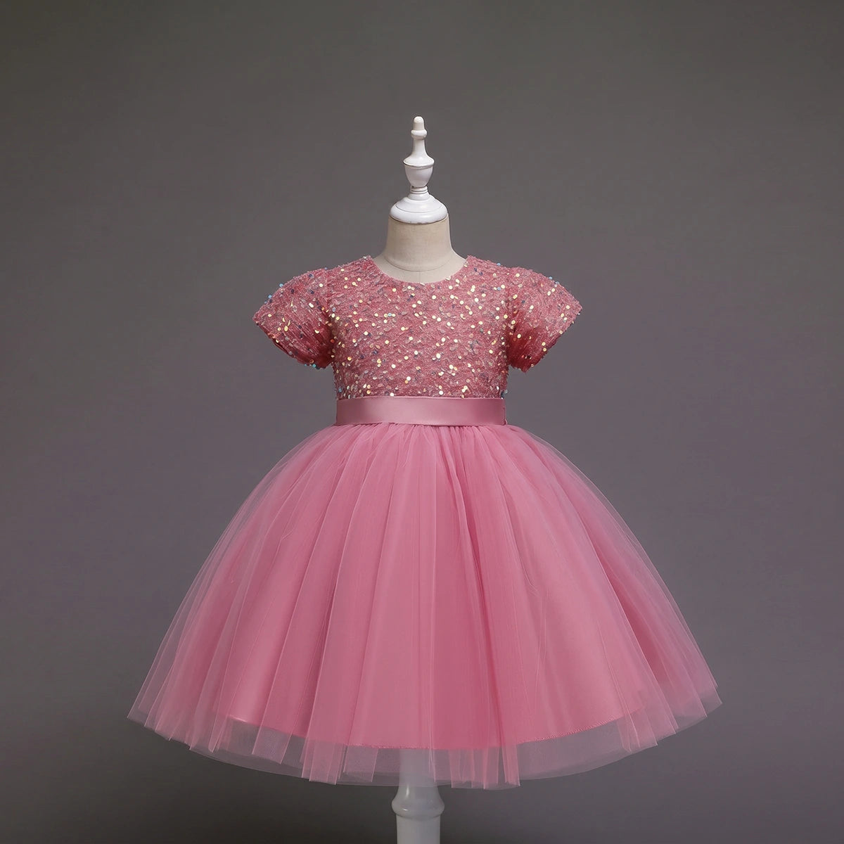 Girls Pink Puff Sleeve Sequins Embellished Fit & Flare Party Wear Dress Party Dresses Pink 2-3 Y