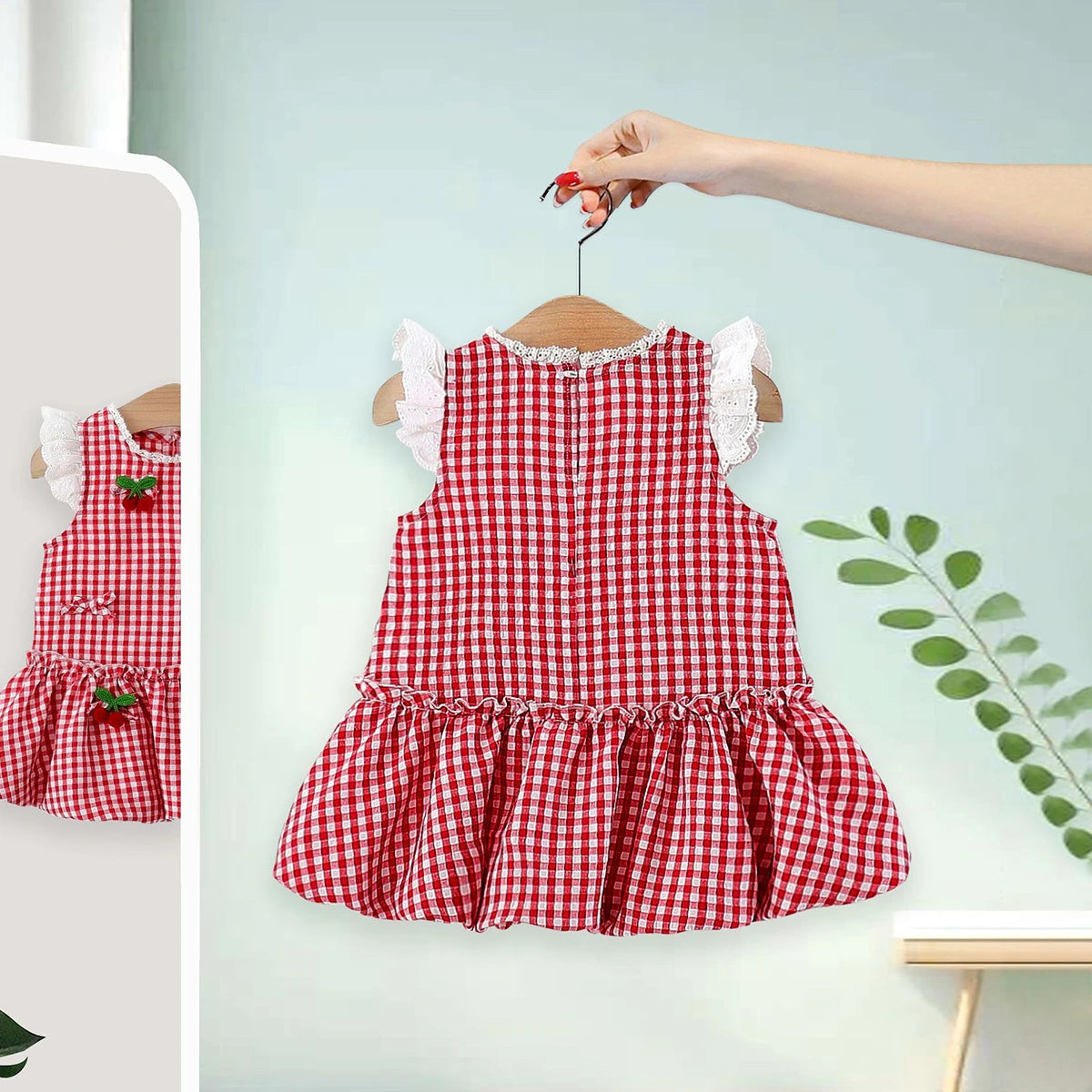 Girls Red Checked Flutter Sleeve Balloon Dress With Bow Details Casual Dresses
