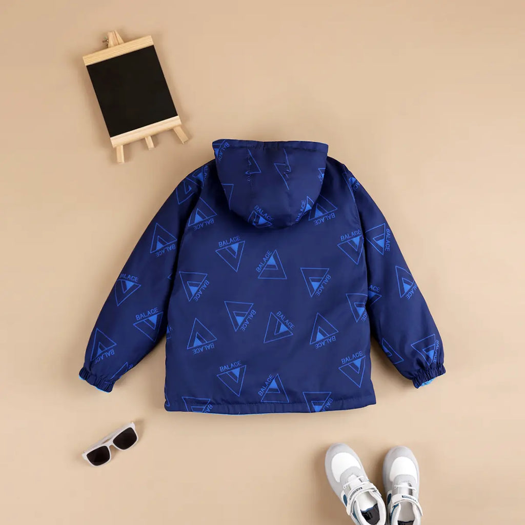 Boys Light Blue Triangle Printed Reversible Hooded Zipper Jacket Coats & Jackets