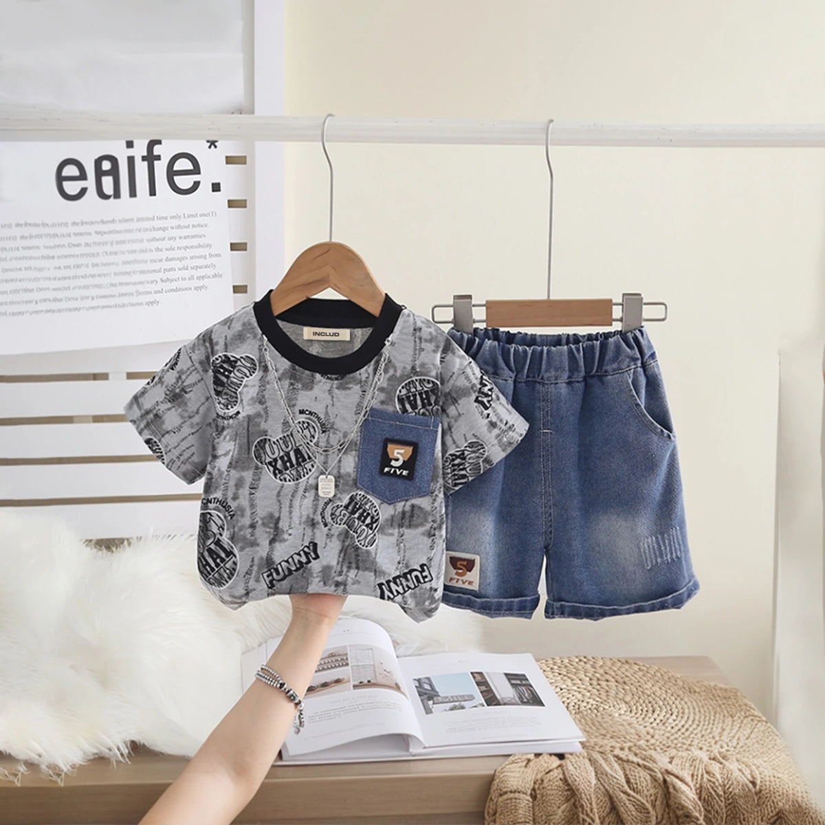 Boys Grey Typographic Print T-Shirt With Distressed Denim Shorts Set Sets Grey 1-2 Y