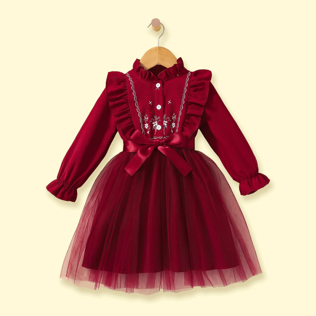 Girls Maroon Floral Print Long Sleeve Fit & Flare Dress Casual Dresses Maroon 3-4 Y
