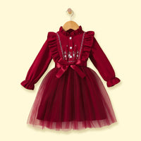 Girls Maroon Floral Print Long Sleeve Fit & Flare Dress Casual Dresses Maroon 3-4 Y