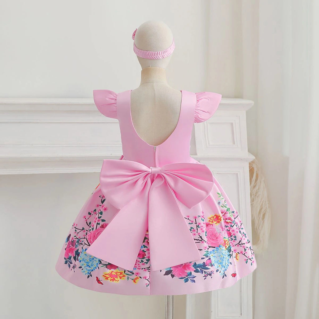 Girls Pink Floral Print Flutter Sleeve Fit & Flare Party Wear Dress Party Dresses