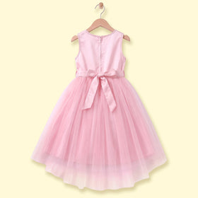 Girls light pink sleeveless high-low party dress with sequin floral applique
