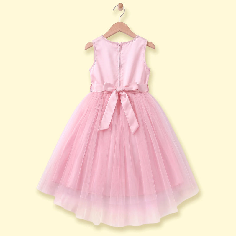 Girls light pink sleeveless high-low party dress with sequin floral applique