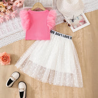Girls Pink Crop Top With Polka Dot Printed Tulle Overlay Skirts Set Sets