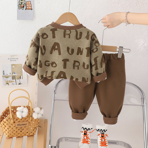 Boys Brown Printed Long Sleeves Sweatshirt With Trouser Set Sets