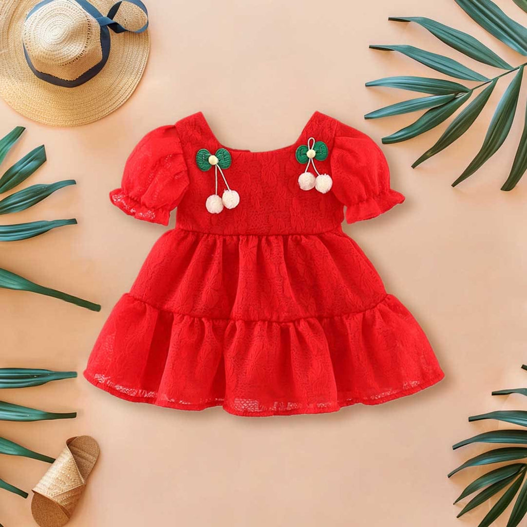 Girls Puff Sleeve Cherry Lace Embroidery Dress Casual Dresses Red 1-2 Y 