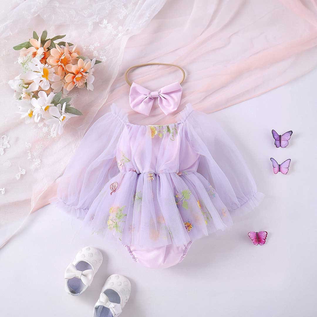 Girls Embroidered Puff Sleeves Romper Dress Casual Dresses Purple 1-2 Y 