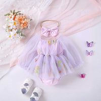 Girls Embroidered Puff Sleeves Romper Dress Casual Dresses Purple 1-2 Y 