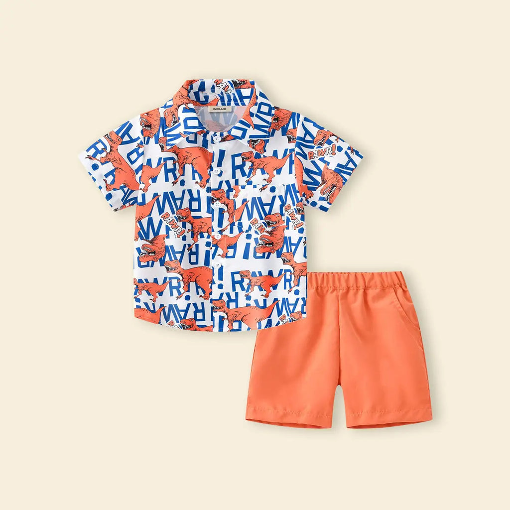 Boys Orange Dinosaur Print Short Sleeves Shirt With Shorts Set Sets