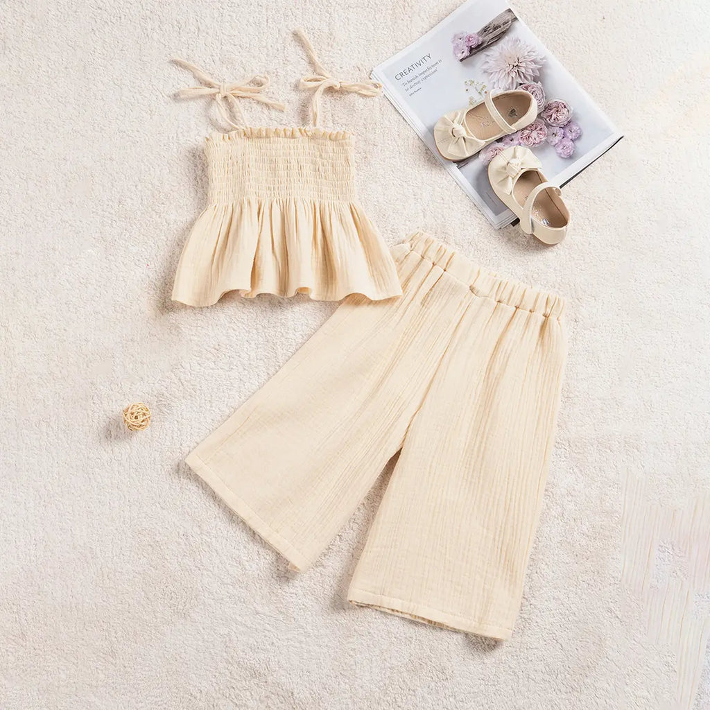Girls Beige Sleeveless Smocked Peplum Top With Cropped Pants Co-ord Sets Sets