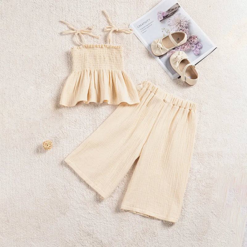 Girls Beige Sleeveless Smocked Peplum Top With Cropped Pants Co-ord Sets Sets