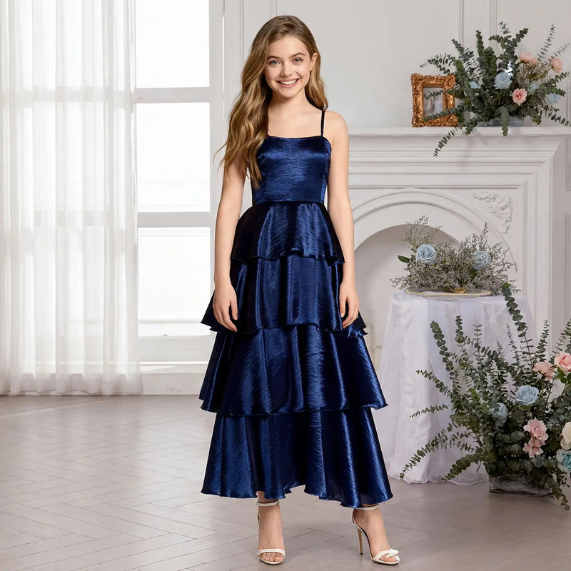 Girls Blue Sleeveless Tiered Party Dress With Spaghetti Straps Party Dresses Blue 7-8 Y