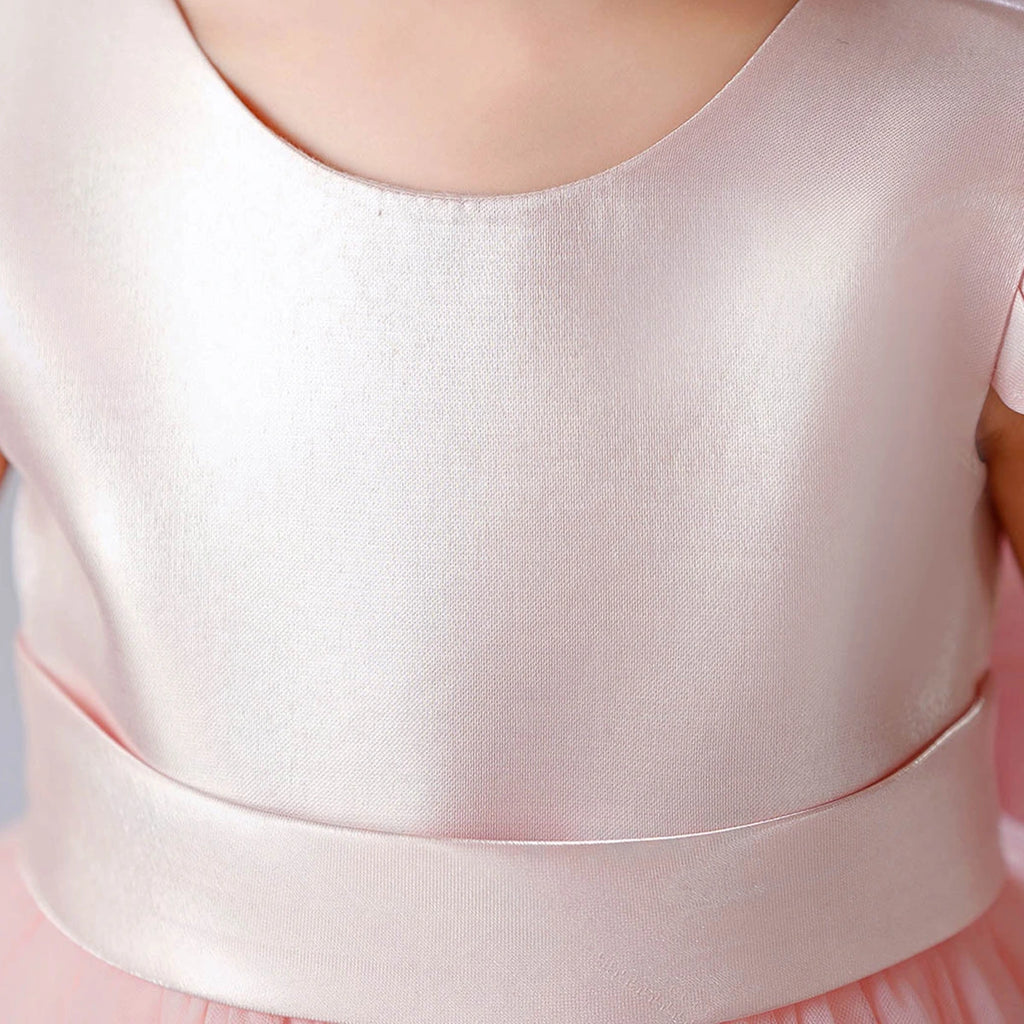 Girls Light Pink Pearl-Embellished Flutter Sleeve Fit & Flare Dress Casual Dresses