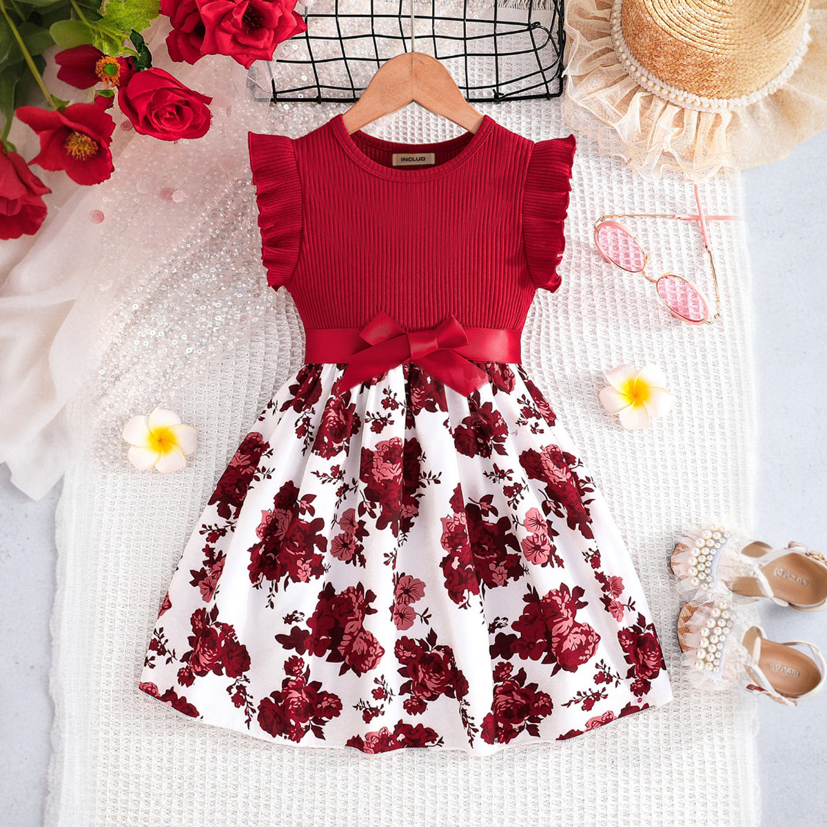 Girls Red Floral Print Flared Sleeve Fit & Flare Dress Casual Dresses