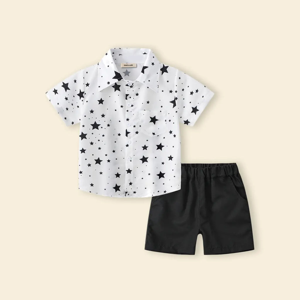 Boys White Star Print Short Sleeves Button-Down Shirt With Shorts Set Sets