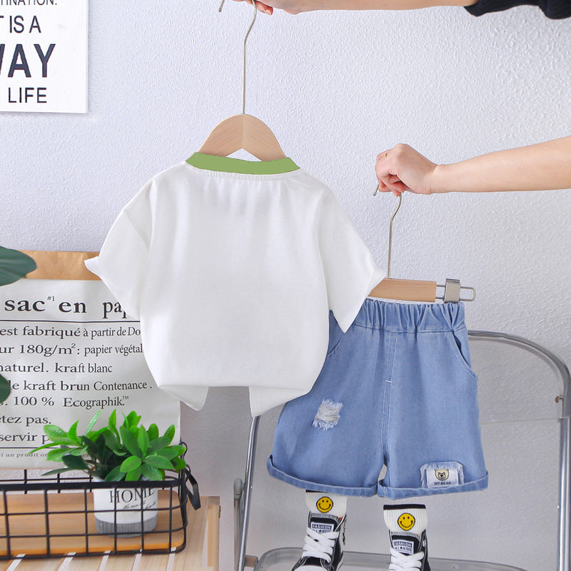 Boys Green Teddy Patch Short Sleeves T-Shirt With Denim Shorts set 2 pc. Sets