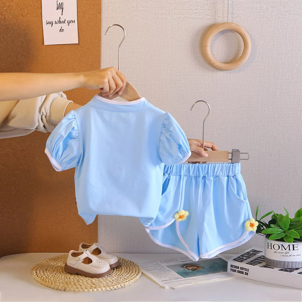 Girls Light Blue Flower Applique Top With Shorts Co-ord Sets Sets