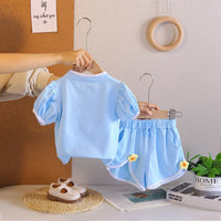 Girls Light Blue Flower Applique Top With Shorts Co-ord Sets Sets